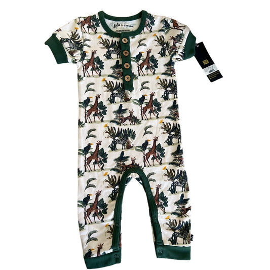 Lola & Taylor Unisex Baby Cap Sleeve Wooden Button Romper Exotic Animals 12-18 Mo