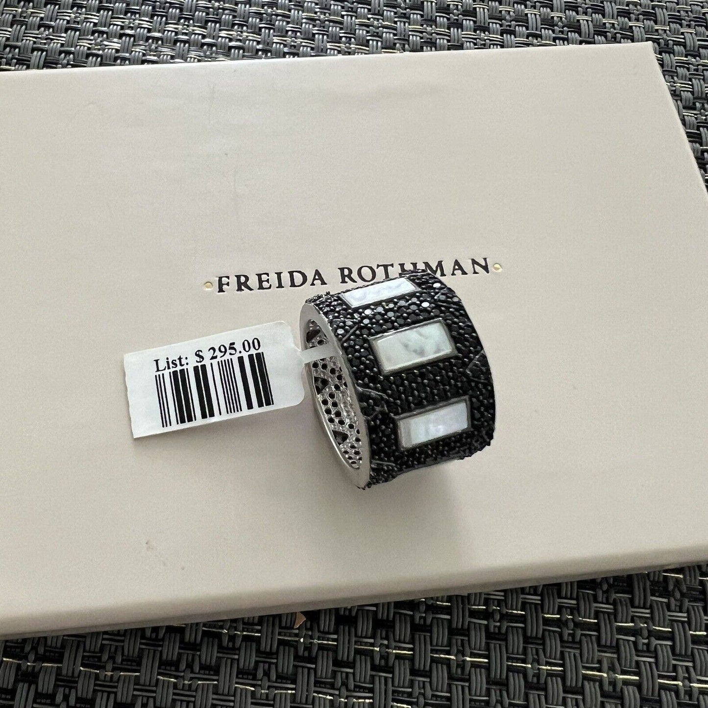 Freida Rothman Industrial Finish Mother-of-Pearl Pave Cigar Band Ring, Size 7