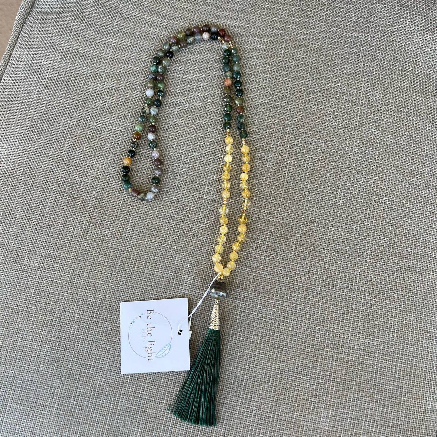 Gold Rutilated Quartz Mala Bead Necklace with tassel