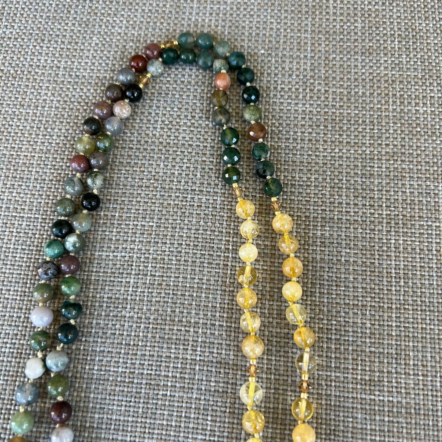 Gold Rutilated Quartz Mala Bead Necklace with tassel