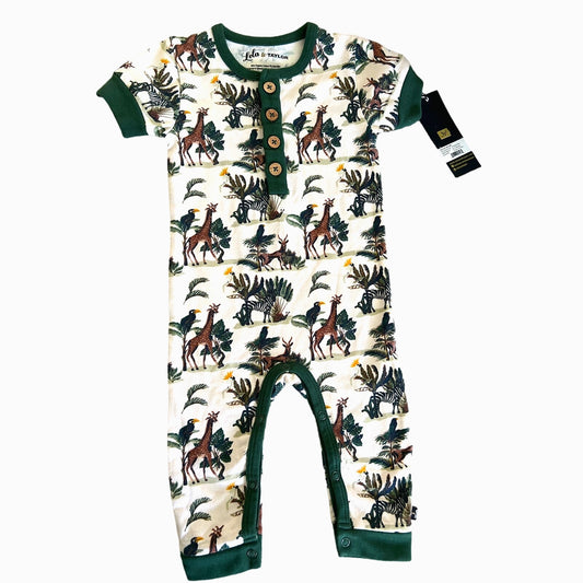 Lola & Taylor Unisex Baby Cap Sleeve Wooden Button Romper Exotic Animals 18-24M