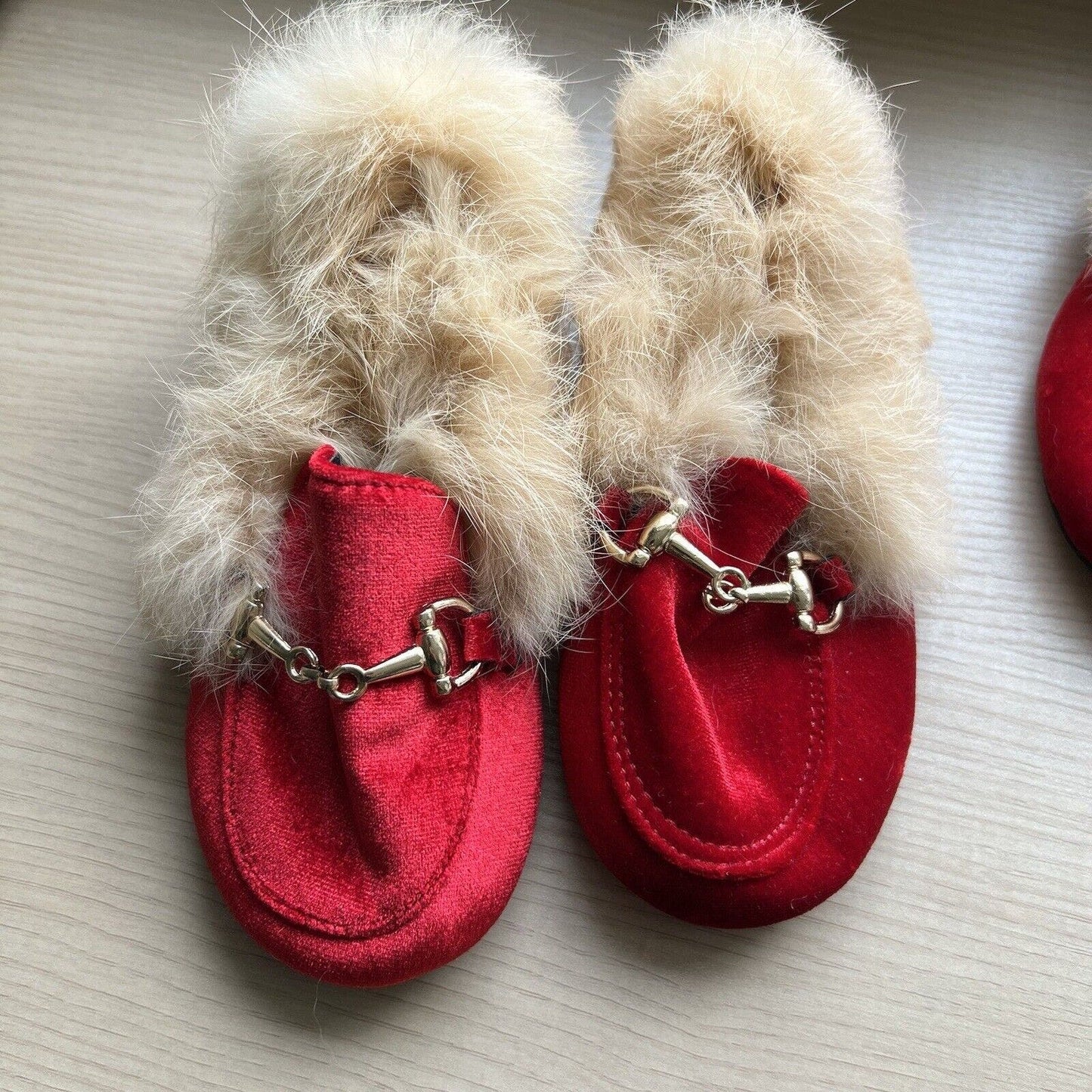 Style Child Girls Horsebit Red Velvet Loafers Fur Trim