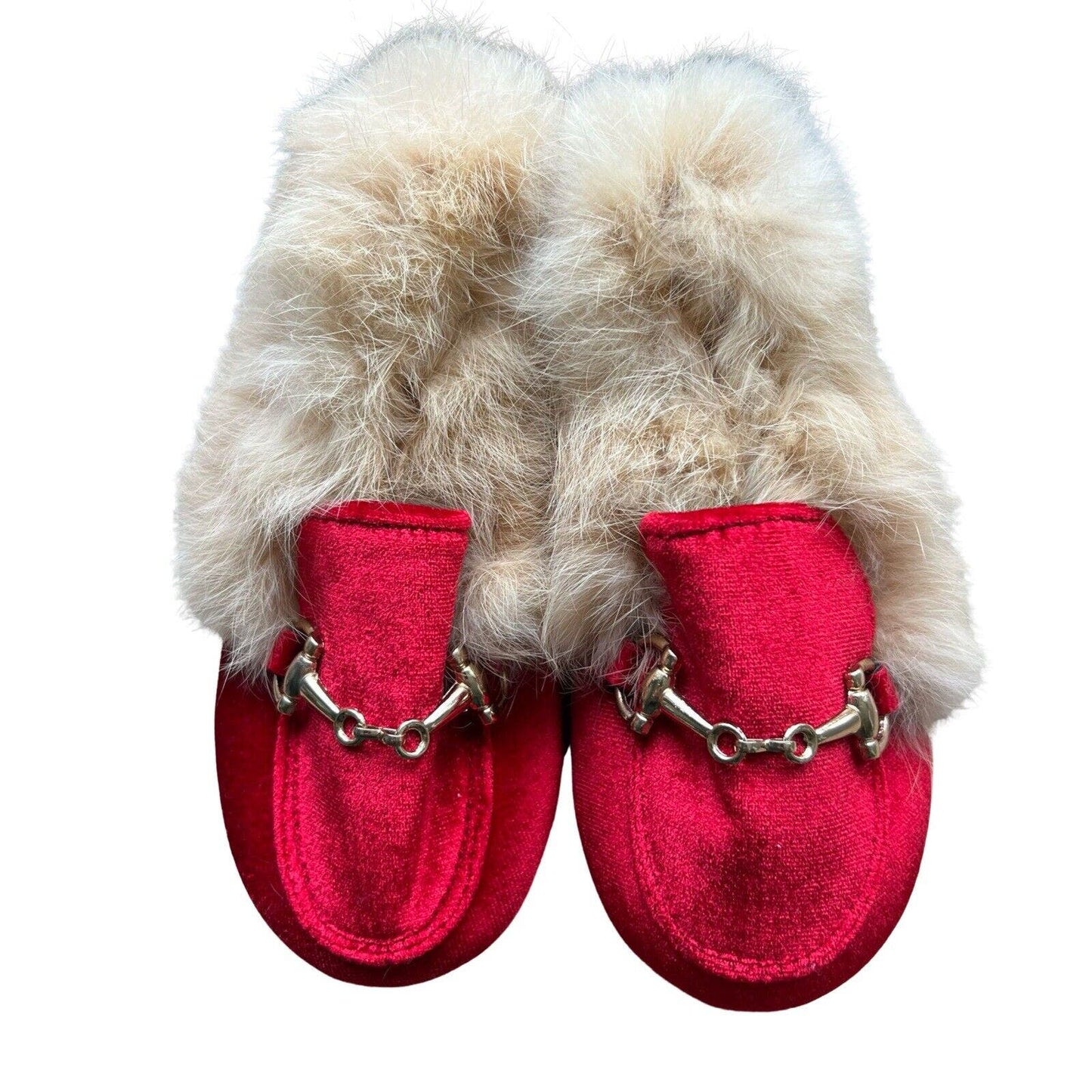 Style Child Girls Horsebit Red Velvet Loafers Fur Trim Size 30 EU 12 US