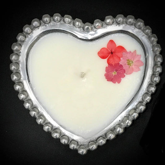 Flowered Soy Candle in Aluminum Beaded Heart