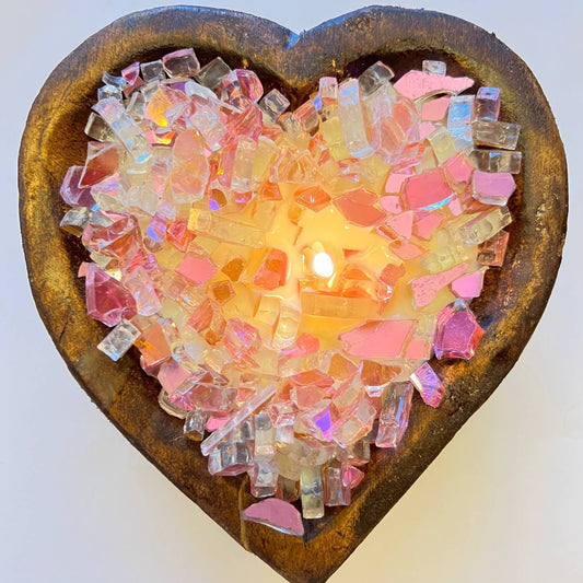 "Fiery Heart" Pink firepit glass on heart doughbowl
