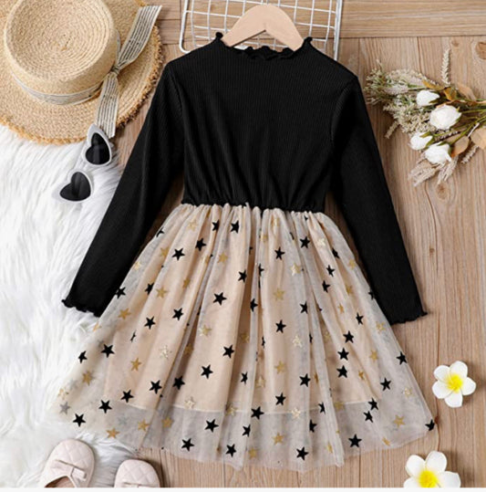 Girls Ribbed Long Sleeve Midi Dress with Tulle Skirt