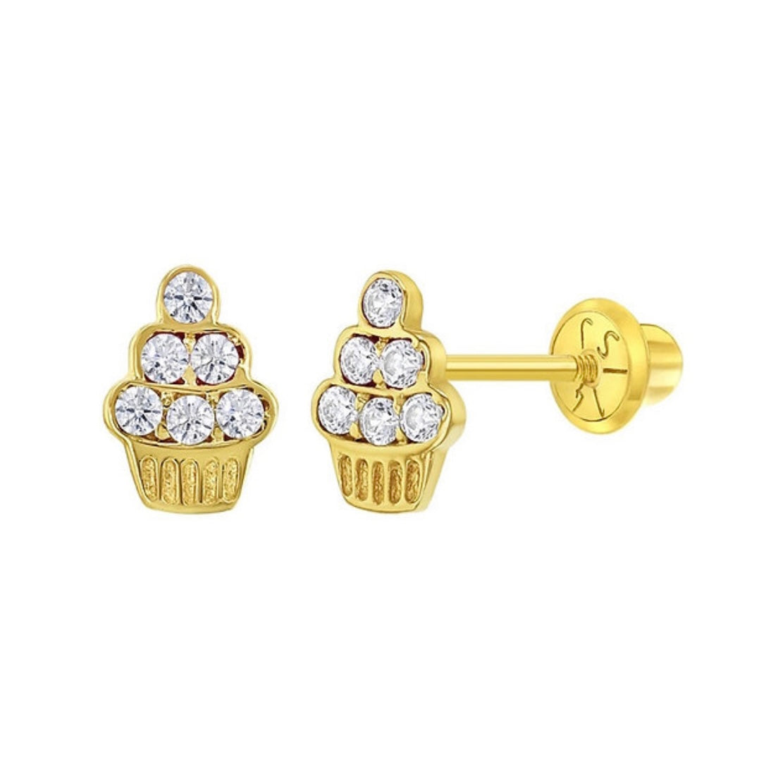 14K Yellow Gold Cubic Zirconia Cupcake Earrings for Toddlers & Girls