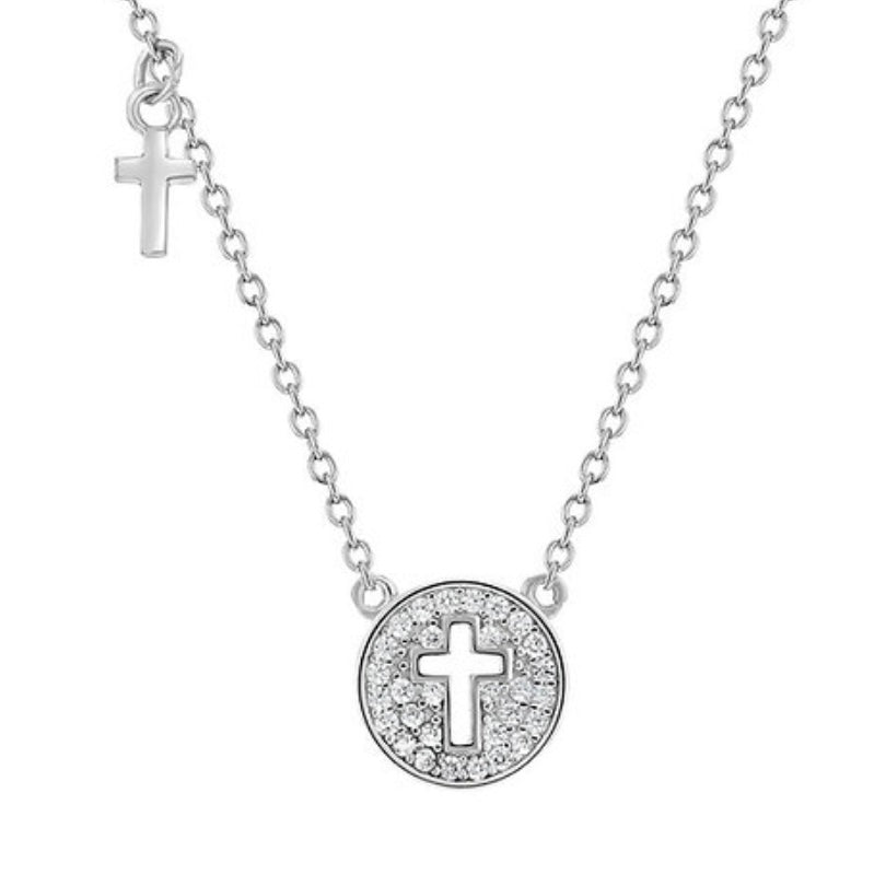 Sterling Silver Clear Small Cross Medal Necklace for Girls