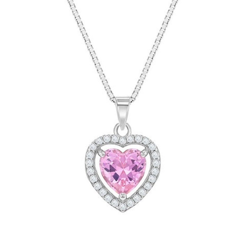 Sterling Silver Pink & Clear CZ Heart Pendant for Girls