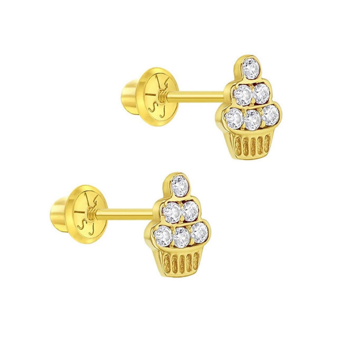 14K Yellow Gold Cubic Zirconia Cupcake Earrings for Toddlers & Girls